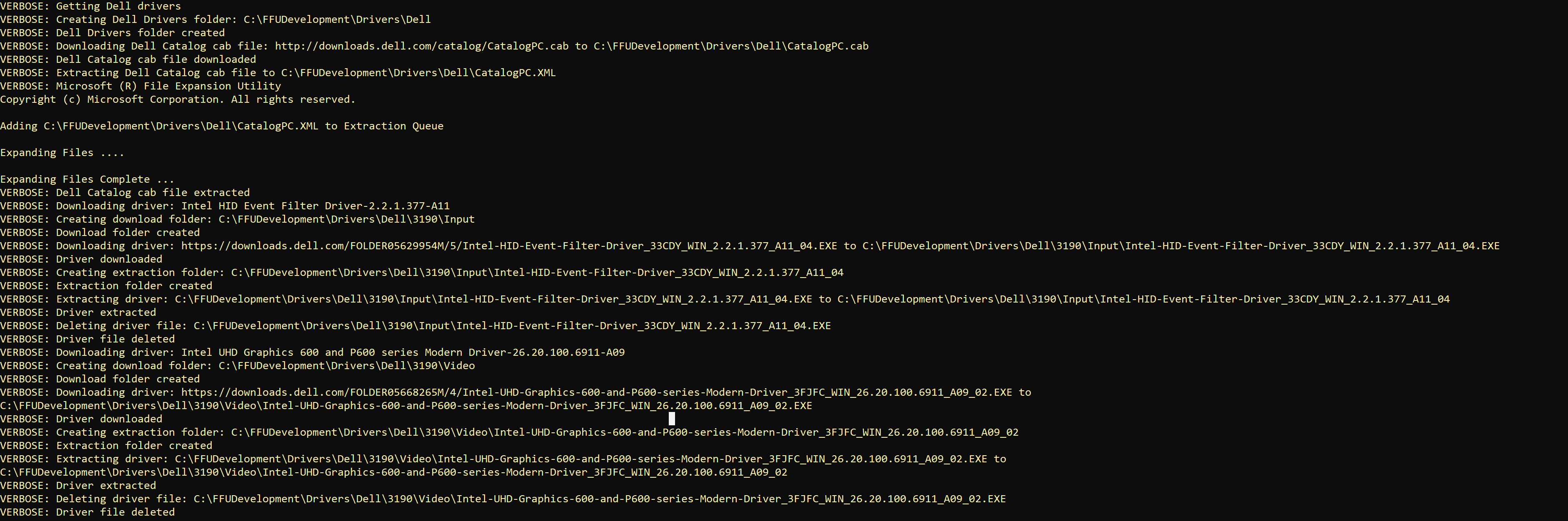 a screenshot of what the verbose output of the script looks like when downloading the drivers for a Dell 3190