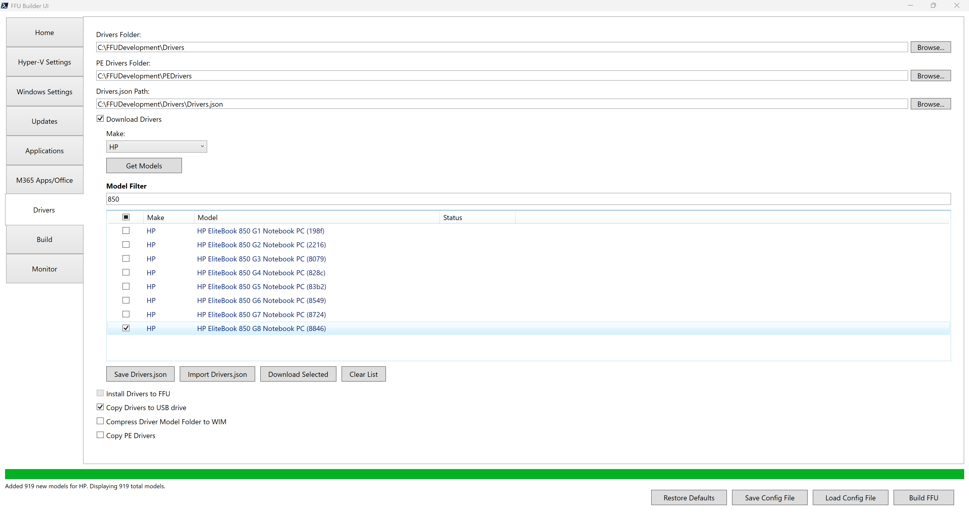 Drivers tab UI with HP 850 G8 selected and Copy Drivers to USB drive selected