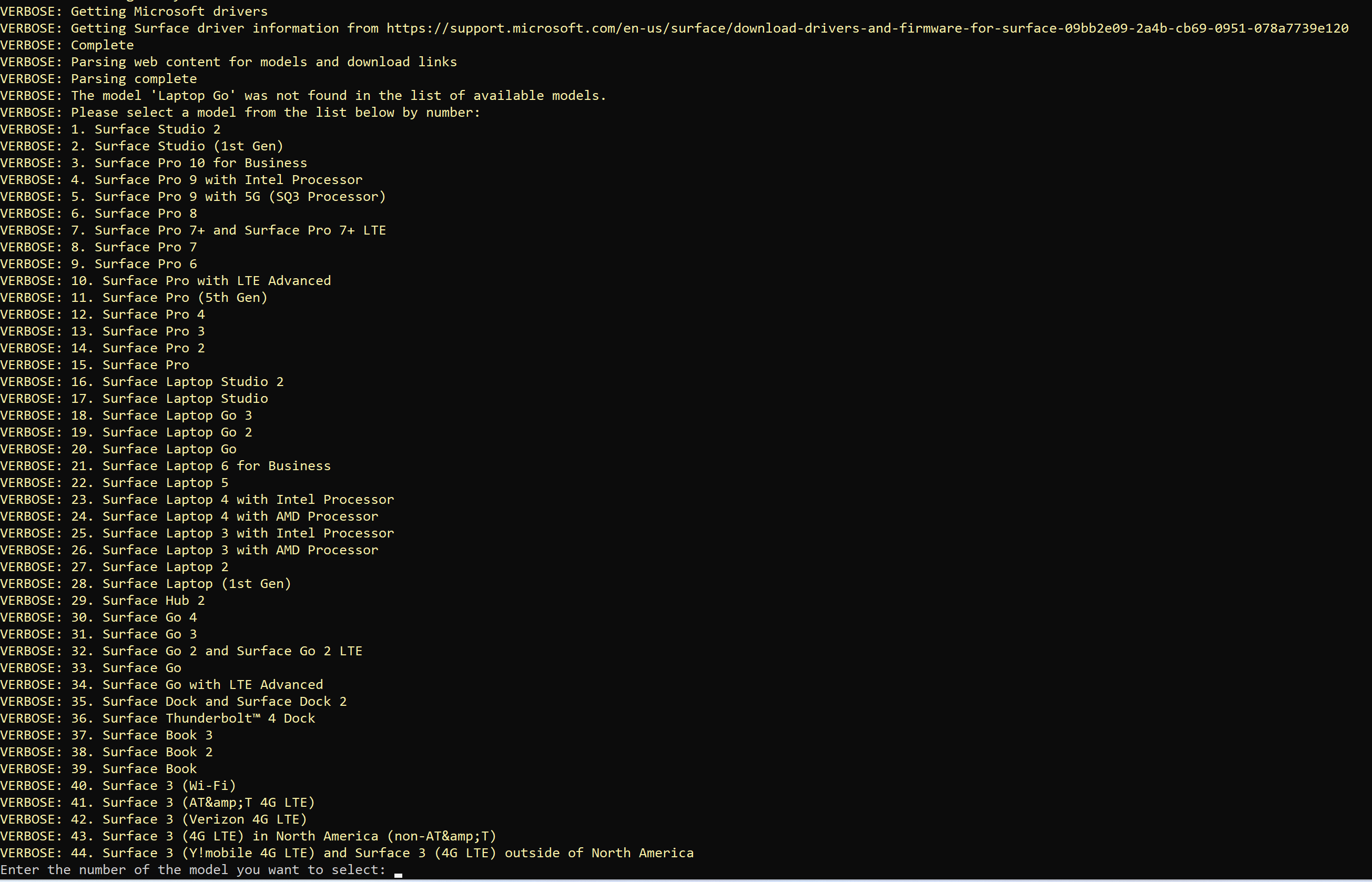 Screenshot of the FFU script displaying a list of Surface models to download drivers for