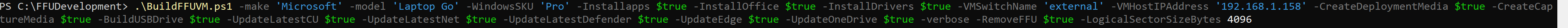 FFU Build Command Line that includes -make 'Microsoft' and -model 'Laptop Go' demonstrating how to use the new parameters to download drivers