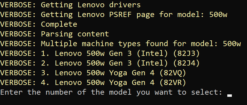 A screenshot of the different models and their machine types found from the Lenovo PSREF page and a selection prompt for the end user to pick which machine type they wish to use