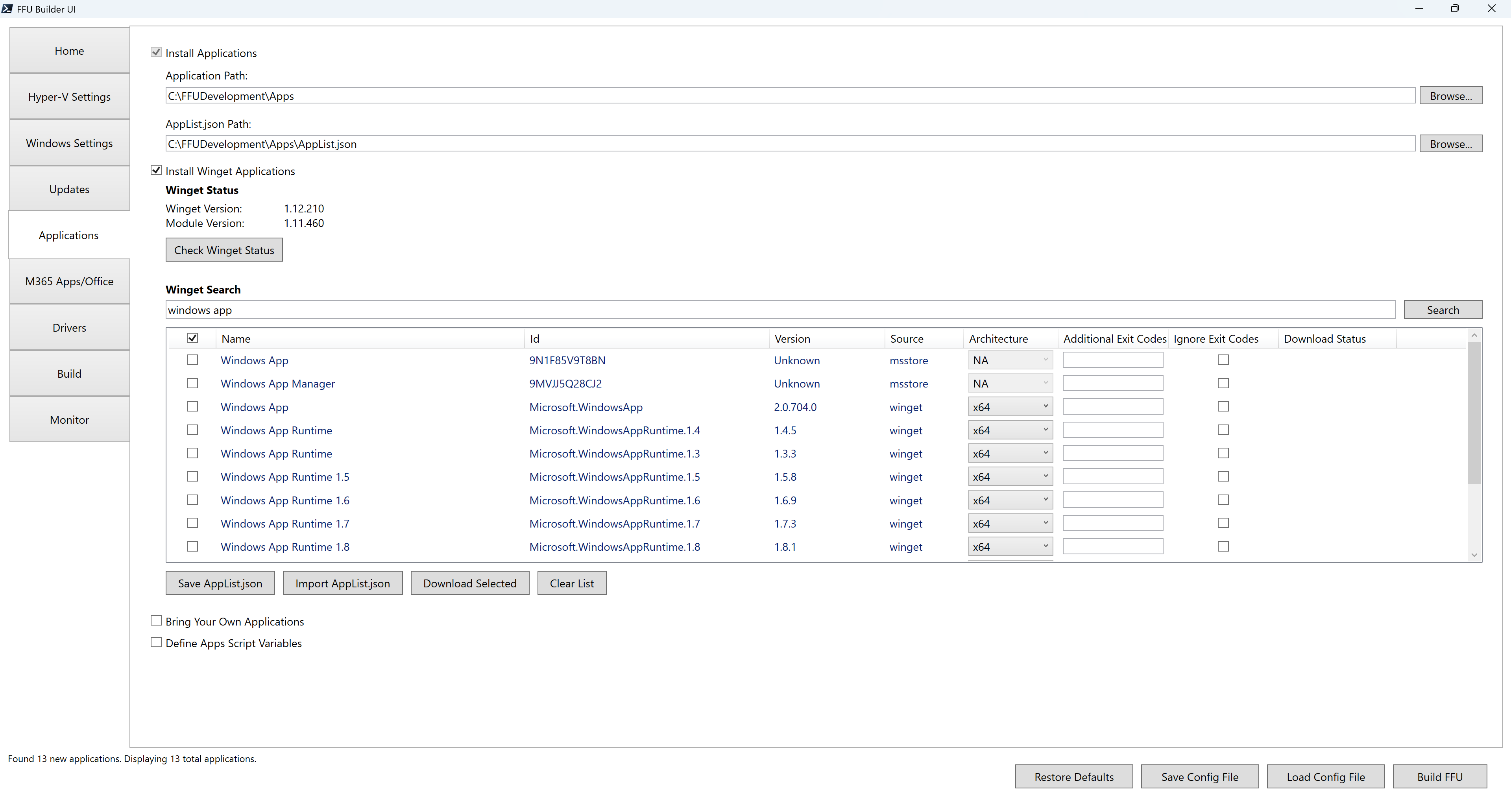 FFU Builder UI - Applications tab with Install Winget Applications checked searching for windows app FFU Builder UI - Applications tab with Install Winget Applications checked searching for windows app