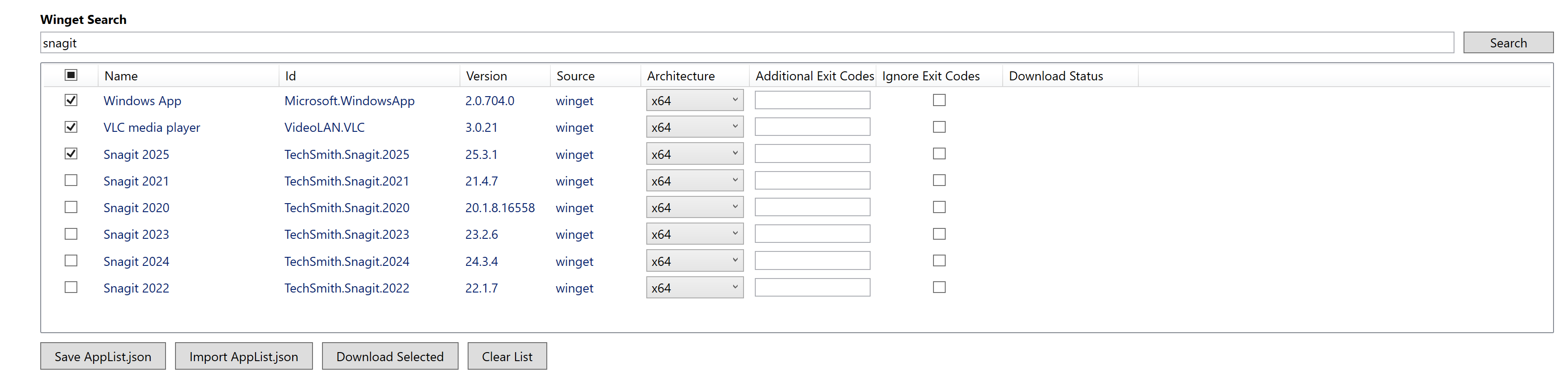 Winget search list view with Windows App, VLC media player, and Snagit 2025 selected Winget search list view with Windows App, VLC media player, and Snagit 2025 selected