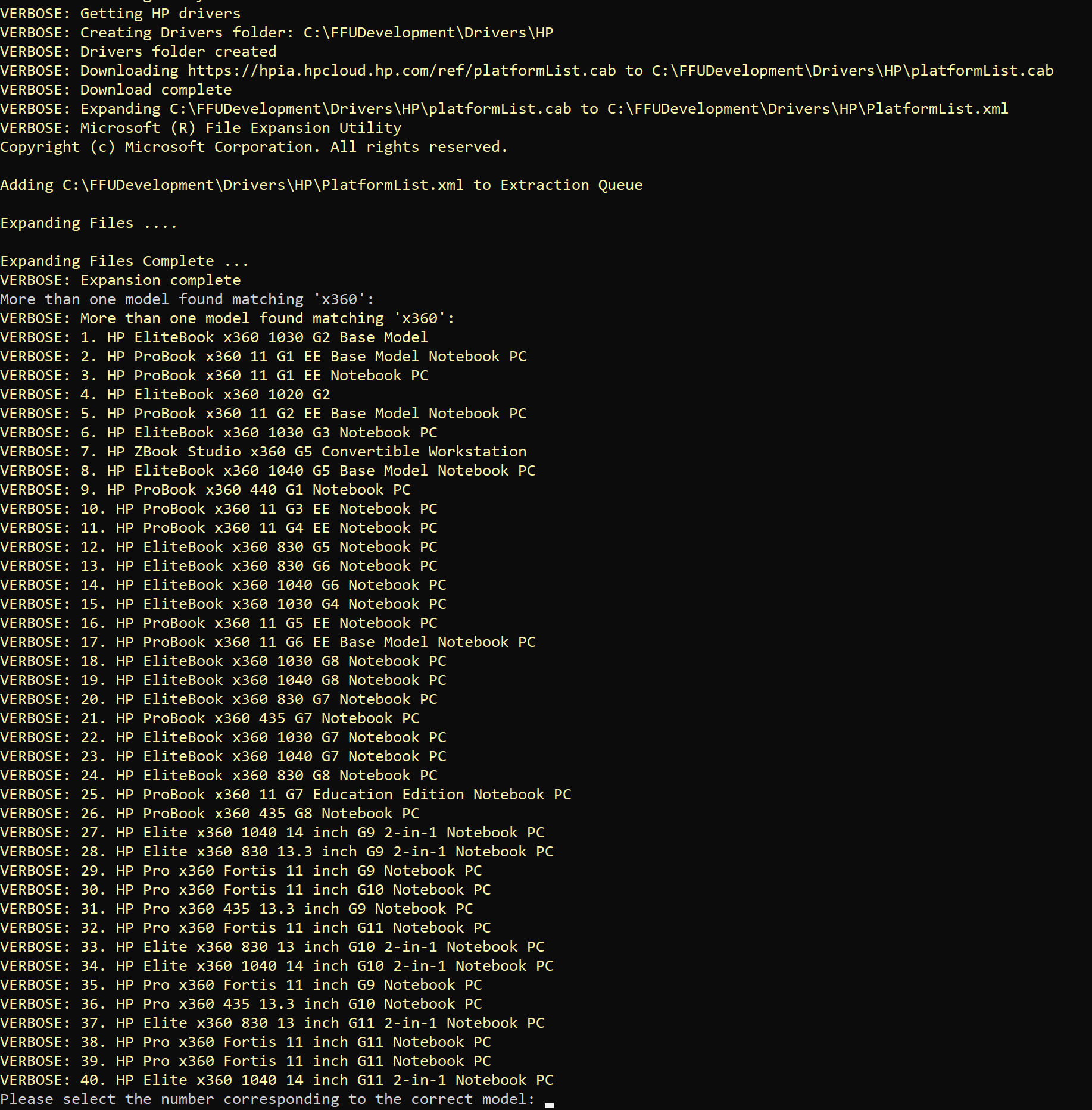 Screenshot of the output of running the above command to download HP x360 drivers