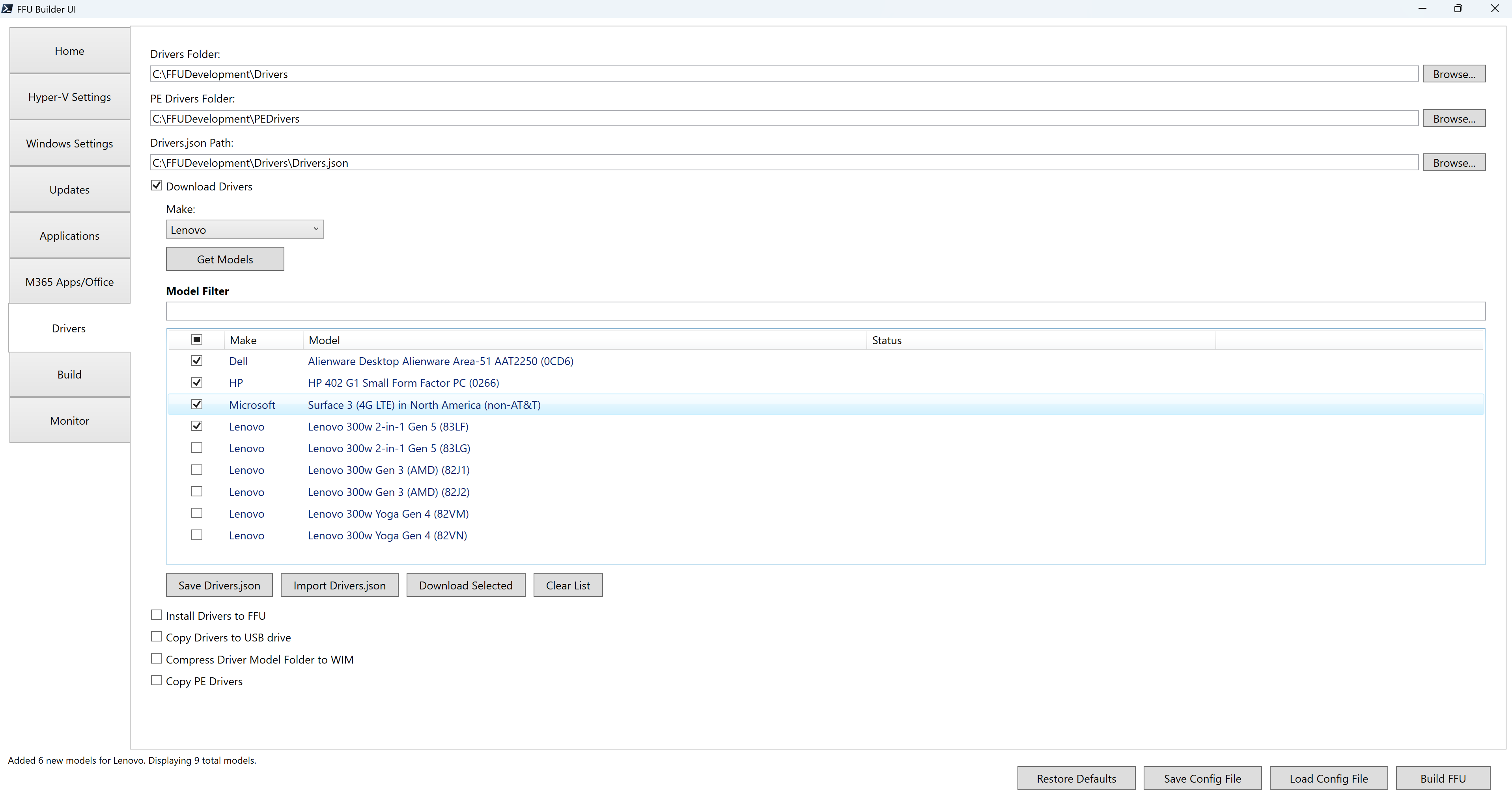 FFU Builder UI showing multiple driver models selected for Dell, HP, Microsoft, and Lenovo FFU Builder UI showing multiple driver models selected for Dell, HP, Microsoft, and Lenovo