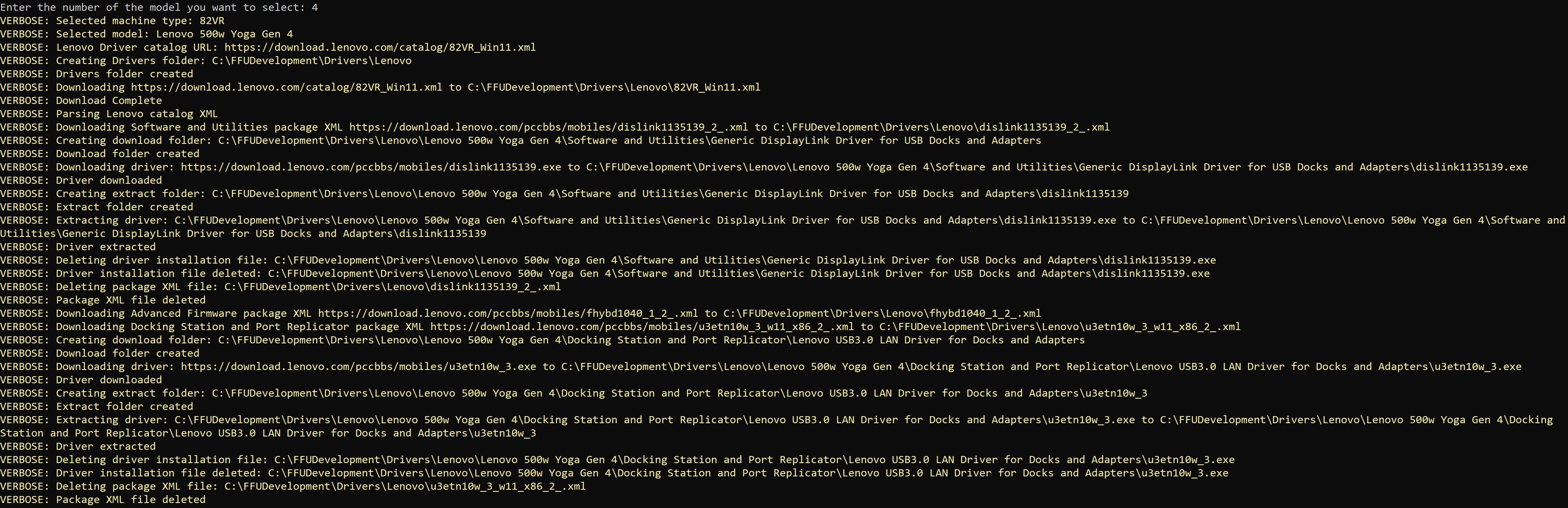 The output of the script downloading Lenovo drivers