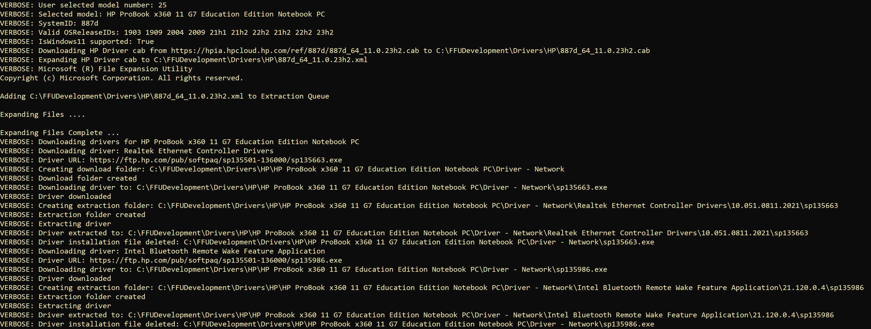 Screenshot of the script downloading drivers for an HP ProBook x360 11 G7 Education Edition Notebook PC